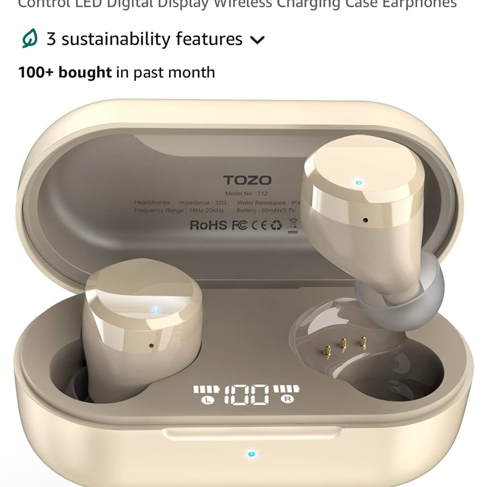 TOZO Beige Wireless Earbuds with Charging Case